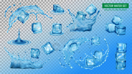 现实的冰块水溅彩色图像透明的背景与文本矢量插图图片