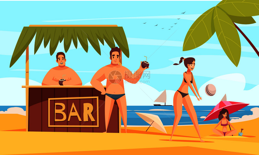 海滩酒吧成与夏季海岸景观帐篷展位与冷饮人矢量插图图片