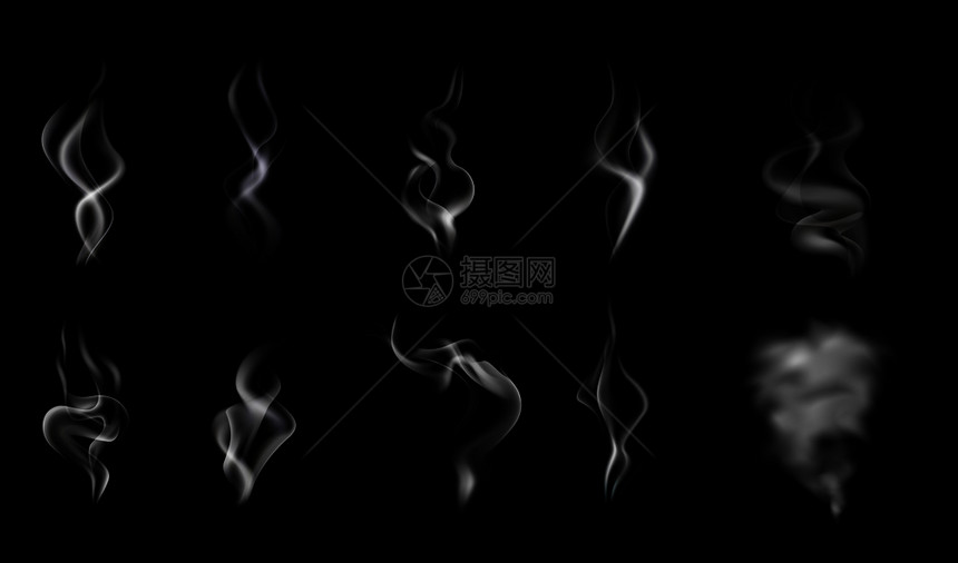 孤立现实的蒸汽烟雾图标白色半透明的黑色背景矢量插图图片