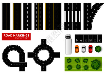 连接通路道路汽车树顶视图与图像连接部分,立交桥汽车树木矢量插图插画