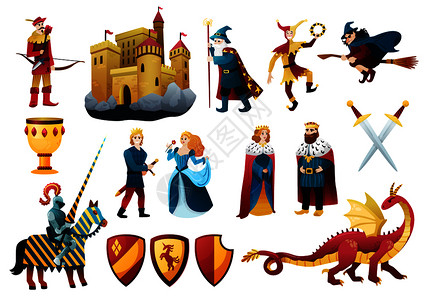 中世纪故事人物平彩色城堡堡垒国王龙杰斯特骑士矢量插图背景图片