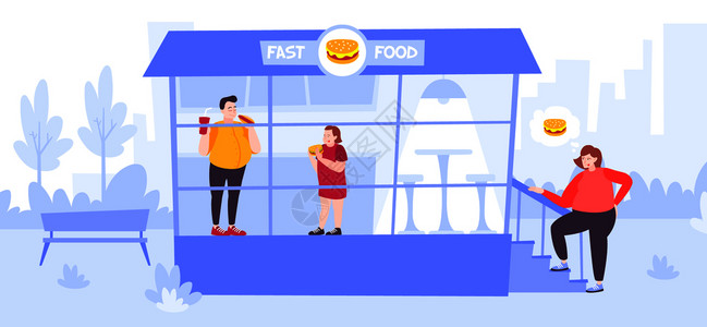 汉堡店宣传单超重健康问题的人快餐店吃平矢量插图插画