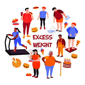 过量运动平构图与胖子吃垃圾食品运动的白色背景矢量插图插画