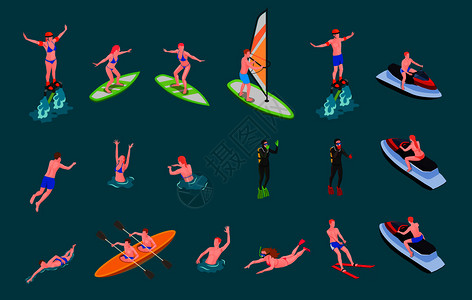 等距彩色水上运动图标与人们游泳冲浪参与潜水风帆其他矢量插图图片