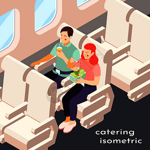 飞机座位餐饮平等距成与快餐饮料矢量插图插画