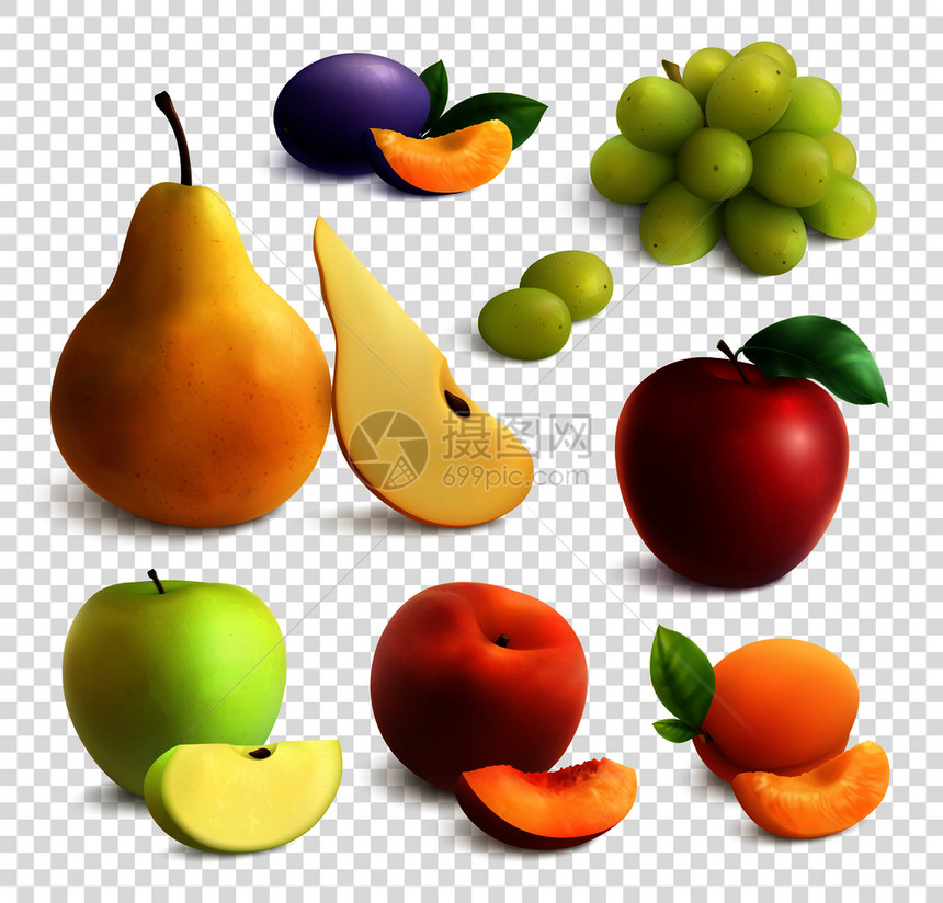 水果真实透明的背景上,用切片彩色孤立图像矢量插图绘制整个水果的图像图片