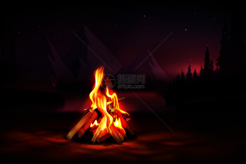夜间构图与燃烧篝火山上森林背景现实矢量插图图片