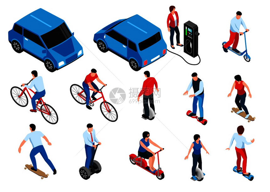 生态运输等距的人自行车生态滑板车赛格威陀螺滑板长板孤立矢量插图图片