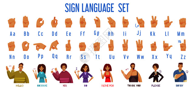 教手语手语与聋手符号平孤立矢量插图插画