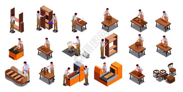 手工木匠家具生产由现代手工工匠大等距图标与木工软垫装绘画矢量插图插画