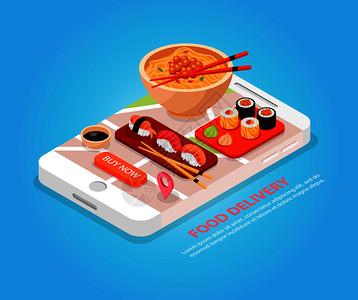 日本食品送货线服务等距成与寿司条汤智能手机屏幕矢量插图图片