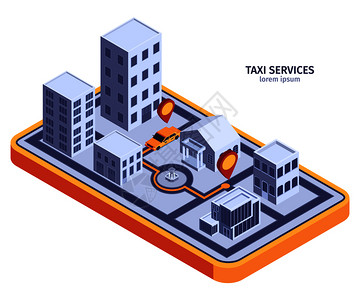 等距出租车成与平智能手机形状的表现代建筑与黄色驾驶室路线矢量插图图片
