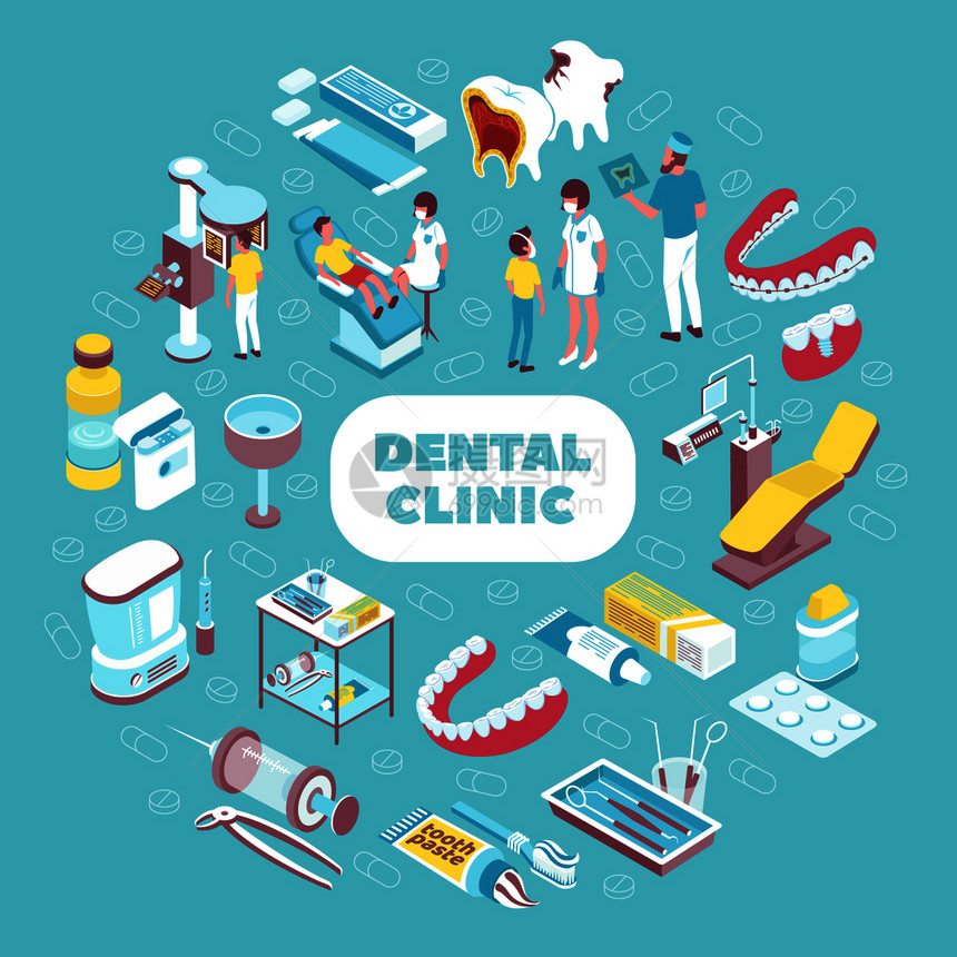 牙科诊所元素等距圆形成与超声机蛀牙患者牙科工具椅子矢量插图图片