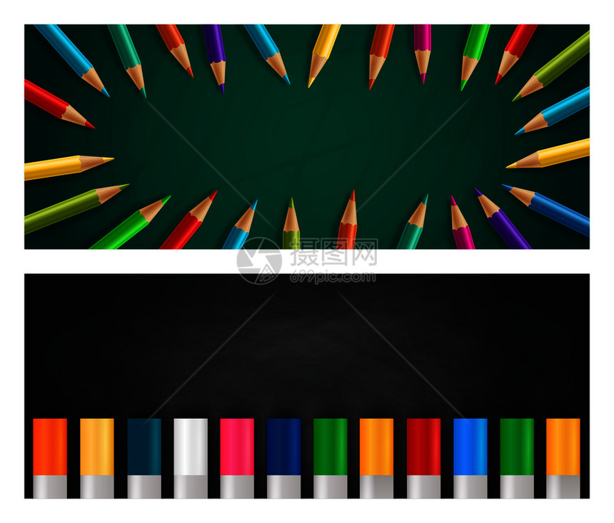 回学校,现实的水平横幅彩色蜡笔铅笔粉笔板背景矢量插图图片