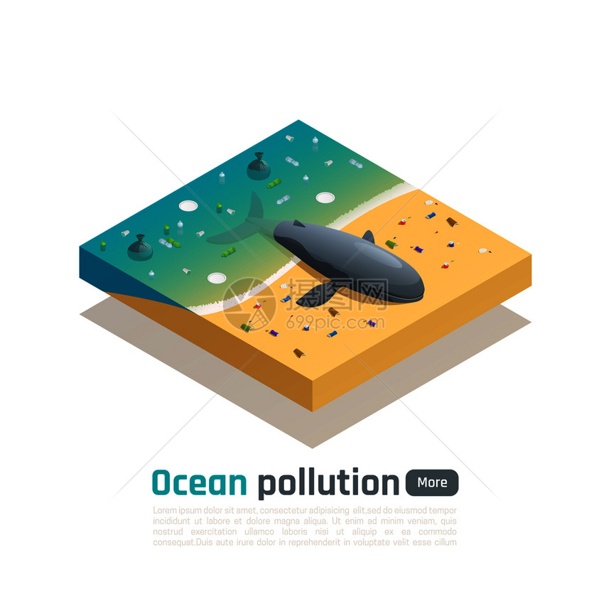 海洋污染等距成与死亡鲸鱼污染的海岸与可编辑的文本矢量插图图片