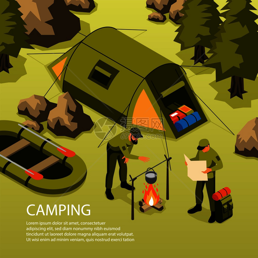 暑假露营生存旅行冒险等距构图与帐篷船篝火烹饪森林矢量插图图片