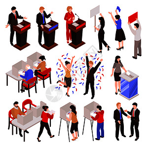 讲话总统摄影等距选举与露的队成员的支持者投票人矢量插图插画