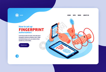 等距生物识别横幅网站登陆页与可点击链接人手图像矢量插图背景图片