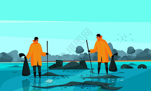 自然水污染成分与平涂鸦特征的废物收集器脏水风景矢量插图背景图片