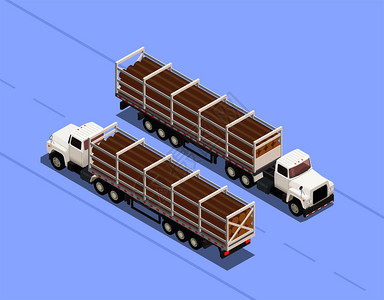 两个拖车装载木材原木隔离蓝色背景三维等距矢量插图高清图片