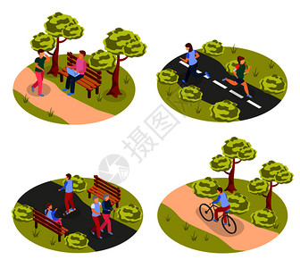 城市人户外活动2轮等距图标与步行自行车慢跑公园矢量插图图片