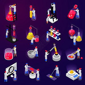 化学器具化学等距图标收集与16个图像,人类特征的科学家试管电器矢量插图插画