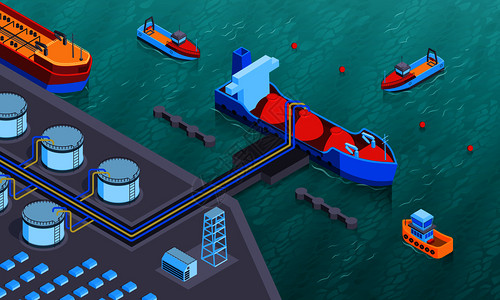 等距水运输水平成,以陆地为基础的设备油轮被装载矢量图背景图片