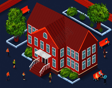 学校领土等距碎片的城市建设与学校建筑中心树木长凳周围的矢量插图图片