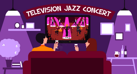 电视音乐会节目成与电视爵士乐标题浪漫矢量插图图片