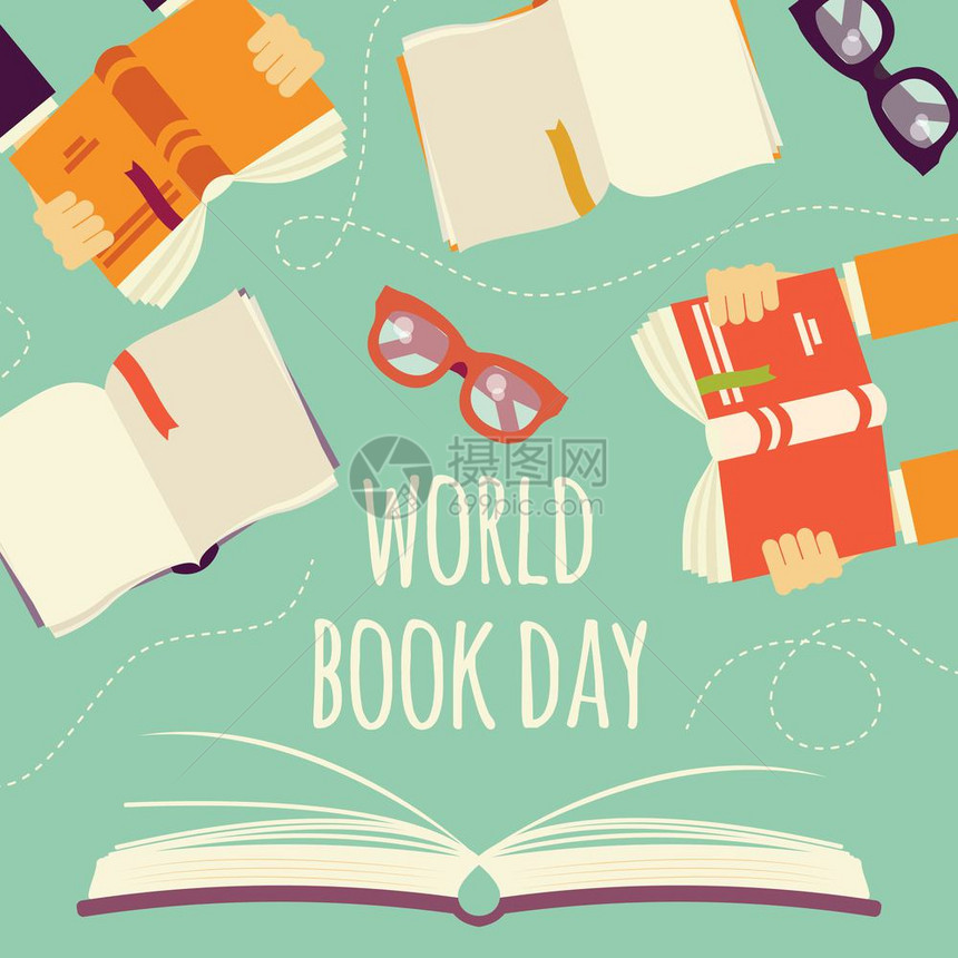 世界书日,用手书眼镜打开书,矢量插图图片
