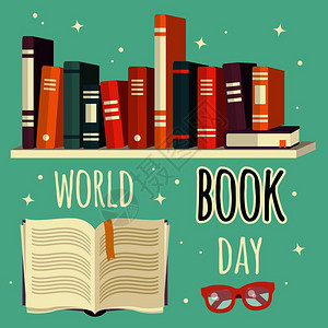 世界书日,书架上的书带眼镜的打开书,矢量插图图片