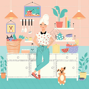 厨房里的个女人带着食物狗家庭氛围,健康食品,世界美食日平矢量插图图片