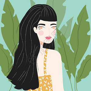 个女孩的肖像,黑色长发与图案衬衫,蓝色背景与绿色植物,平矢量插图图片