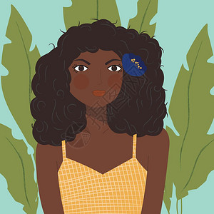 美国美女位黑发的非裔美国女孩的肖像,穿着图案衬衫,蓝色背景上绿色植物,平矢量插图插画