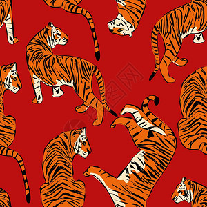 手绘老虎无缝图案,大猫同的位置,橙色老虎红色,异国背景,平矢量插图图片