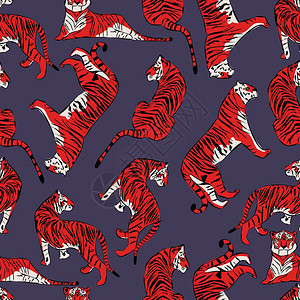 手绘老虎无缝图案,大猫同位置,红色老虎紫色,异国背景,平矢量插图图片