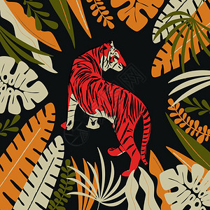 手绘老虎与异国热带树叶,平矢量插图图片