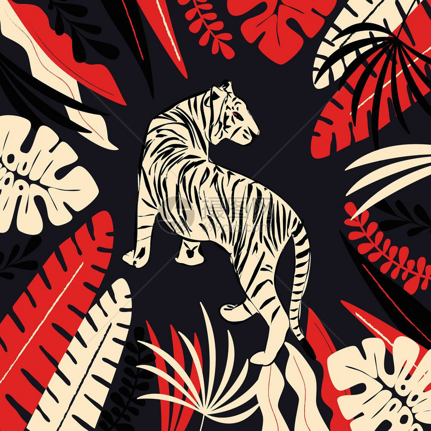 手绘白虎与异国热带树叶,平矢量插图图片