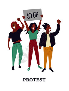 群轻的男人女人站,举着空白的横幅参加的人男女抗议者活动家平卡通彩色矢量插图背景图片