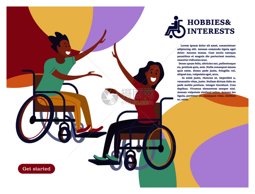 个男人个坐轮椅跳舞的女人社会残疾人社区的平卡通风格的矢量插图,白色的背景残疾人的爱好兴趣矢图片