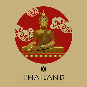 金佛顶泰国金佛雄伟的巨大雕像泰国装饰品圆形章平风格的矢量插图金色佛像矢量插图插画