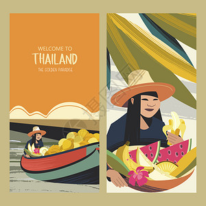 船顶泰国水果贸易商船上泰国水果市场泰国女人戴着顶帽子,带着篮子异国水果矢量彩色插图泰国水果商矢量插图插画