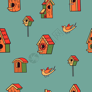房子图案弹簧无缝图案鸟巢鸟矢量插图插画