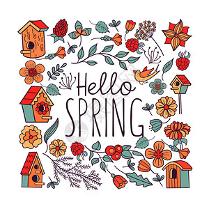 你好,春天矢量插图剪辑春天的花,鸟的房子,树枝,树叶定向个广场贺卡图片