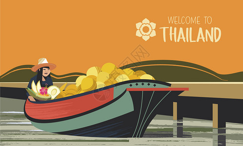 普吉岛攀牙湾泰国水果商人船上矢量插图戴帽子的泰国女人卖异国水果泰国市场船上的水果贸易商矢量插图为了泰国市场插画