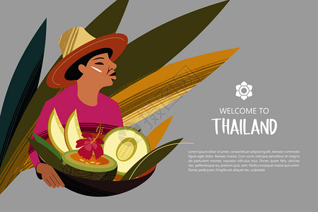 普吉岛PP岛戴帽子的泰国女人着篮子异国水果为了泰国市场欢迎来泰国广告传单模板泰国水果商矢量插图插画