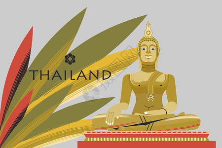 尼玛堆欢迎来泰国旅行社广告传单模板黄金佛像,种宗教象征风插图泰国金色佛像矢量插图插画