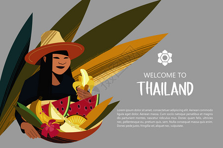东方蜜甜瓜戴帽子的泰国女人着篮子异国水果为了泰国市场欢迎来泰国广告传单模板泰国水果商矢量插图插画