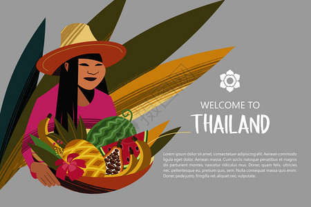 艳芭堤雅戴帽子的泰国女人着篮子异国水果为了泰国市场欢迎来泰国广告传单模板泰国水果商矢量插图插画