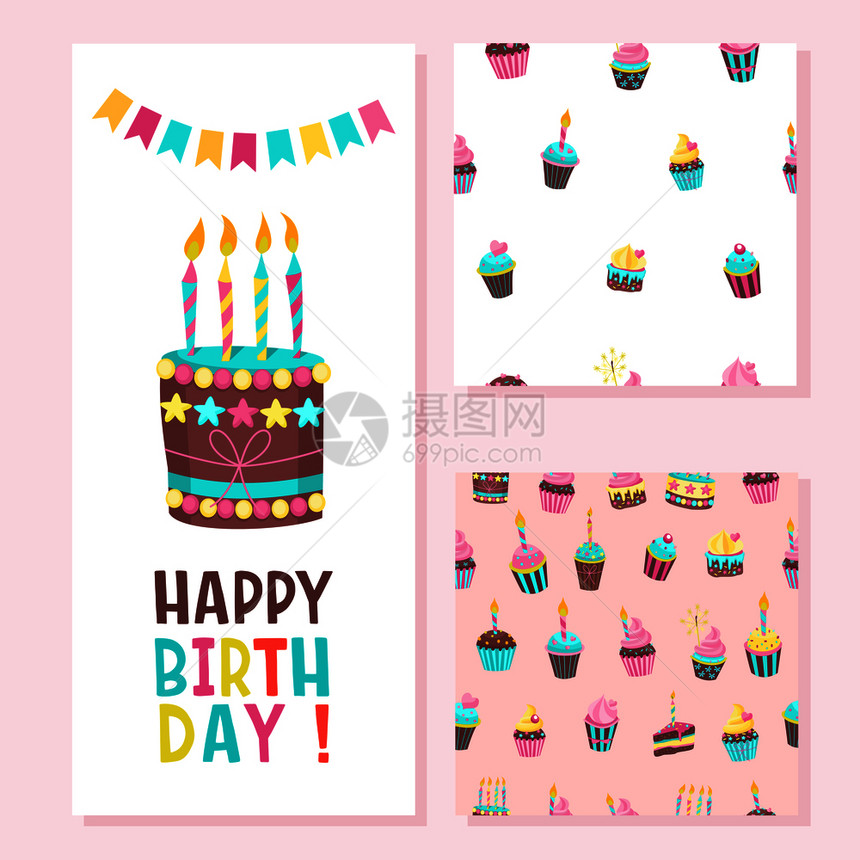 生日快乐贺卡两个无缝的图案可爱的生日蛋糕蜡烛用于纺品纸张上的印刷包装礼物糖果装饰个趣的假期图片